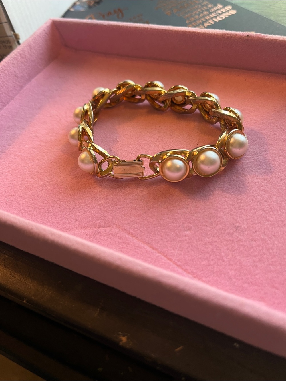 Vintage Gold Tone and White Pearl Link Bracelet